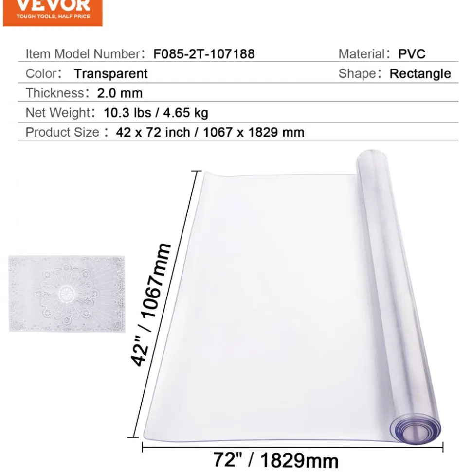 VEVOR Plastic Table Cover, 42 x 72 Inch 2.0 mm Thick Clear Table Protector, Rectangle PVC Desk Mat, Waterproof & Easy Cleaning Desk Pad Tablecloth, for Office Dresser Dining Room Table Night Stand