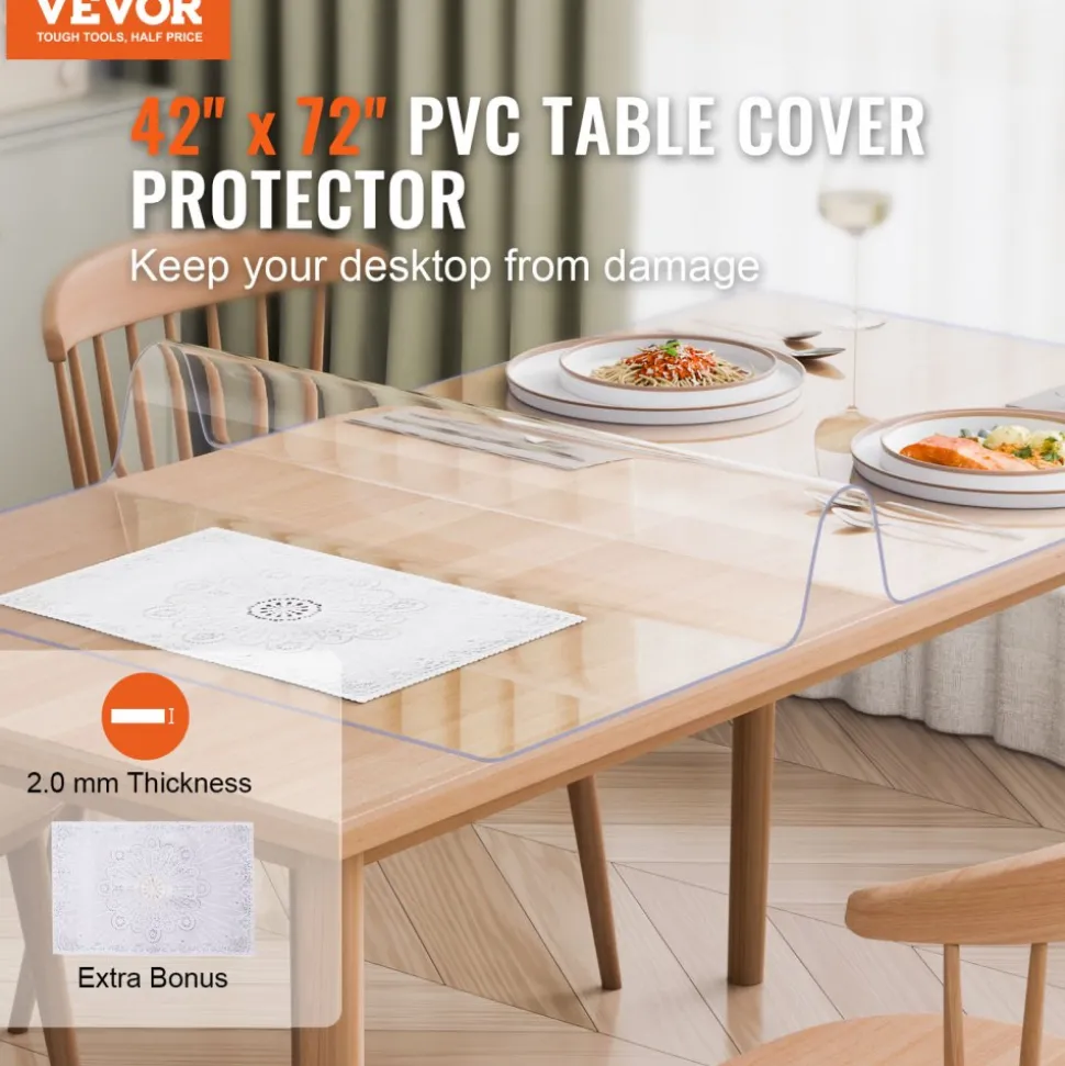 VEVOR Plastic Table Cover, 42 x 72 Inch 2.0 mm Thick Clear Table Protector, Rectangle PVC Desk Mat, Waterproof & Easy Cleaning Desk Pad Tablecloth, for Office Dresser Dining Room Table Night Stand