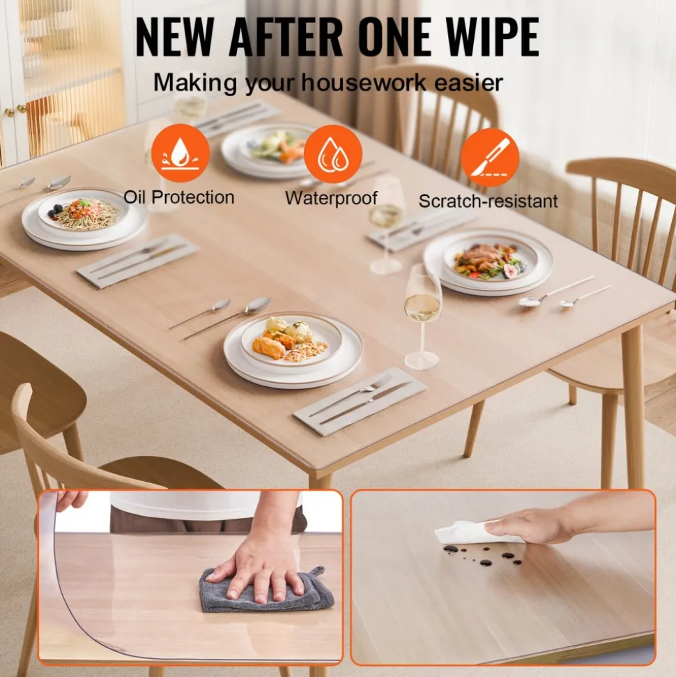 VEVOR Plastic Table Cover, 54 x 54 Inch 1.5 mm Thick Clear Table Protector, Square PVC Desk Mat, Waterproof & Easy Cleaning Desk Pad Tablecloth, for Office Dresser Dining Room Table Night Stand