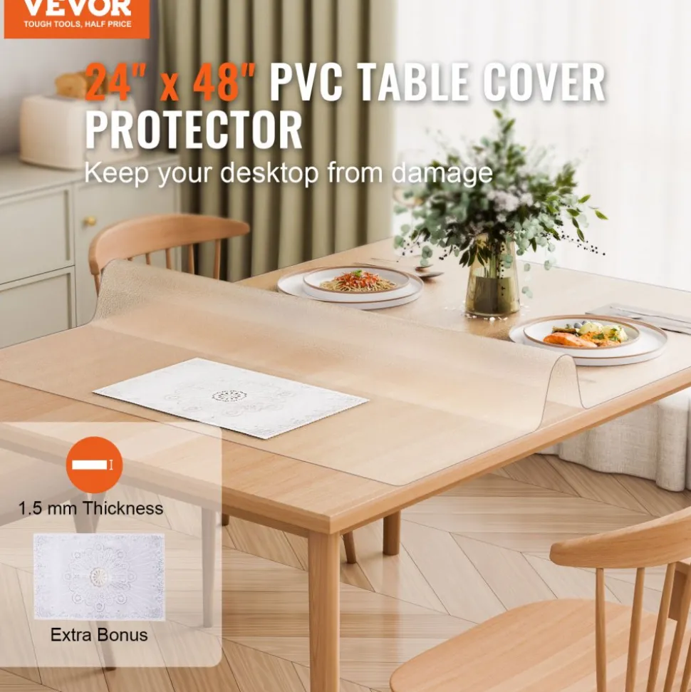 VEVOR Plastic Table Cover, 54 x 54 Inch 1.5 mm Thick Clear Table Protector, Square PVC Desk Mat, Waterproof & Easy Cleaning Desk Pad Tablecloth, for Office Dresser Dining Room Table Night Stand