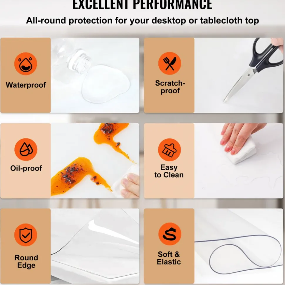 VEVOR Plastic Table Cover, 46"x96"x0.08", Transparent PVC Table Protector, Rectangle Clear Desk Mat, Water Oil Proof Table Cover for Dining Table Coffer Table Kitchen Worktable Dresser Cabinet, etc.