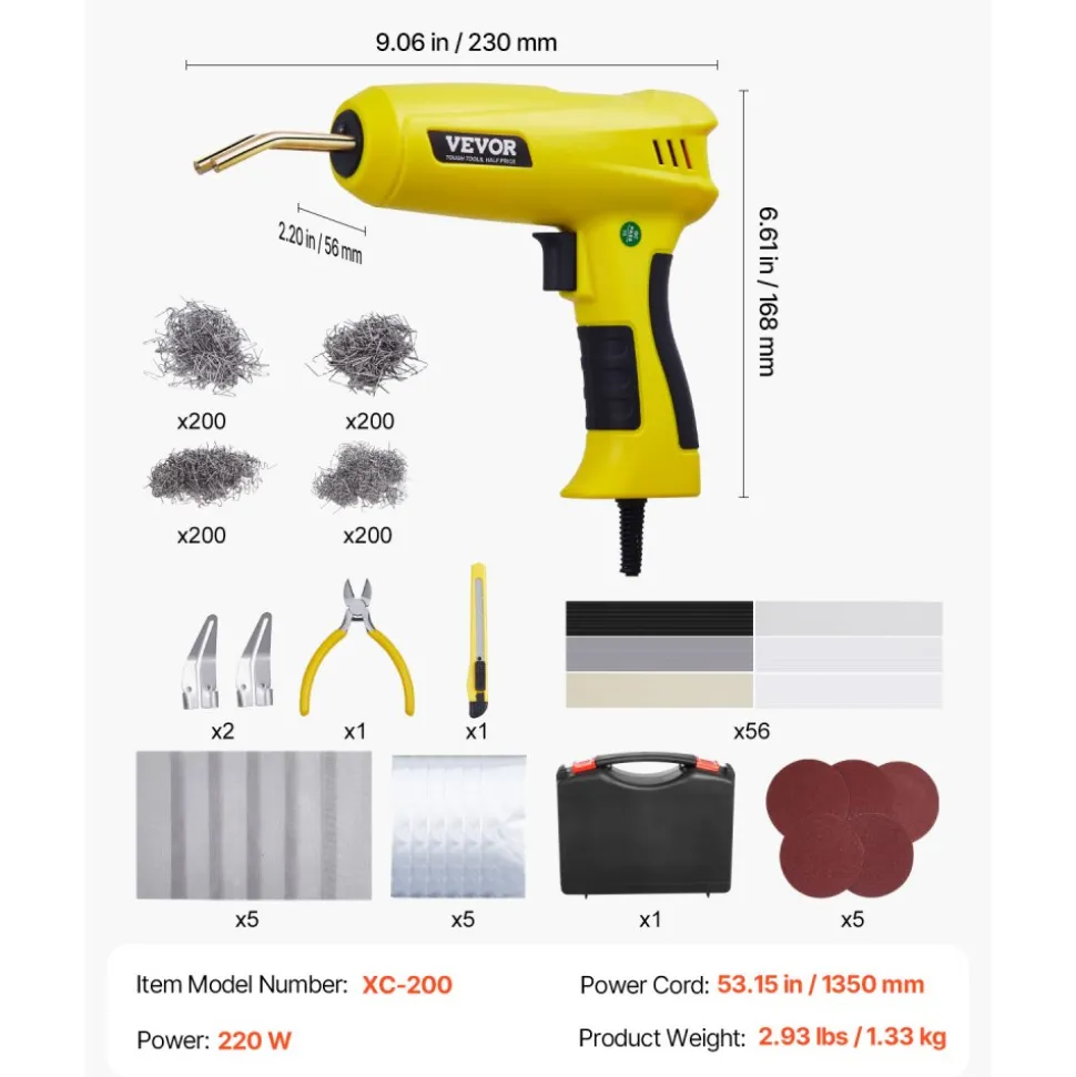 VEVOR Plastic Welding Kit, 220W Plastic Welder Gun with 800PCS Hot Staples & 56PCS Welding Rods, Professional Hot Staple Welding Gun with LED Light, Carrying Case for Kayak, Toys, Car Bumper Repair