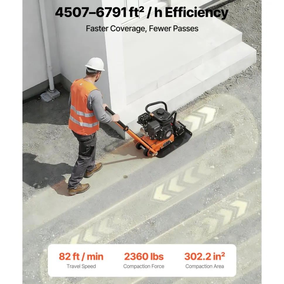 VEVOR Plate Compactor, 6.5 HP 196CC Gas Engine, 5600 VPM Vibrating Ground Rammer, 2360 lbs Compaction Force, 20.1 x 15 in Plate, Walk Behind Compactor for Paver Landscaping, Asphalt, Foundation, Soil