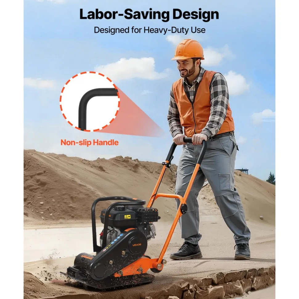 VEVOR Plate Compactor, 6.5 HP 196CC Gas Engine, 5600 VPM Vibrating Ground Rammer, 2360 lbs Compaction Force, 20.1 x 15 in Plate, Walk Behind Compactor for Paver Landscaping, Asphalt, Foundation, Soil