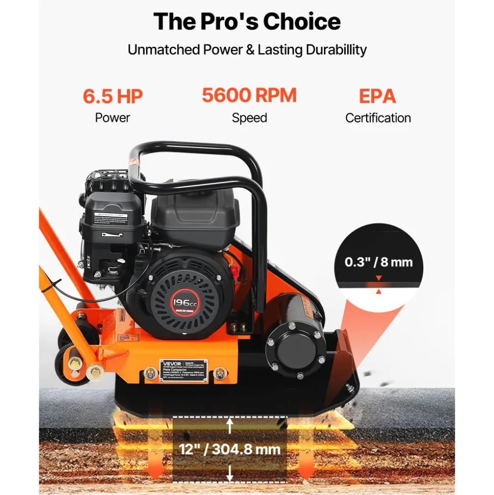 VEVOR Plate Compactor, 6.5 HP 196CC Gas Engine, 5600 VPM Vibrating Ground Rammer, 2360 lbs Compaction Force, 20.1 x 15 in Plate, Walk Behind Compactor for Paver Landscaping, Asphalt, Foundation, Soil