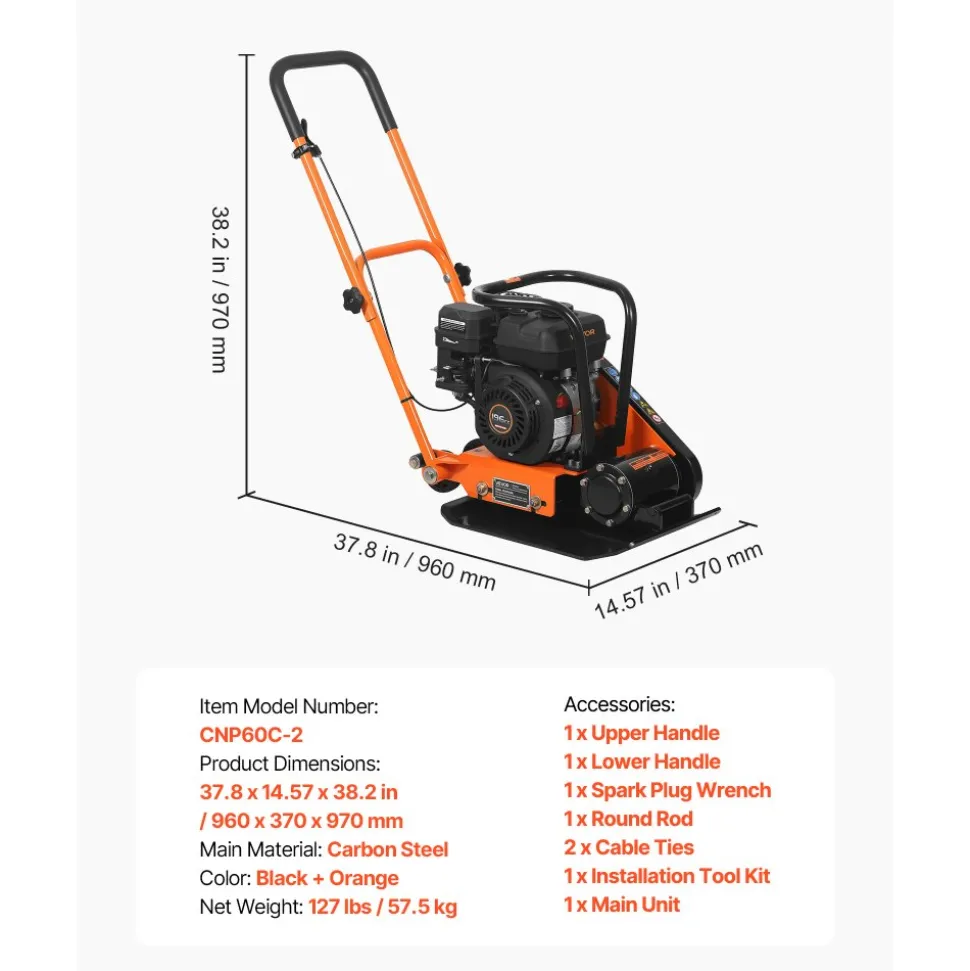 VEVOR Plate Compactor, 6.5 HP 196CC Gas Engine, 5600 VPM Vibrating Ground Rammer, 2360 lbs Compaction Force, 20.1 x 15 in Plate, Walk Behind Compactor for Paver Landscaping, Asphalt, Foundation, Soil