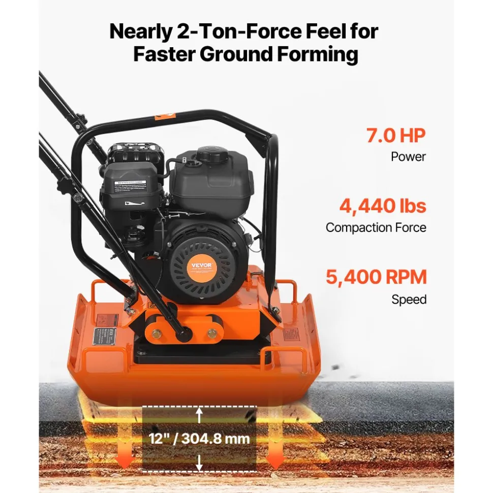 VEVOR Plate Compactor, 2.8 HP 98CC Gas Engine 5,250 RPM, 1,920 lbs Force Vibratory Compaction Tamper with 18.7 x 11.8 inch Plate for Walkways, Patios, Asphalts, Paver Landscaping, EPA Compliant