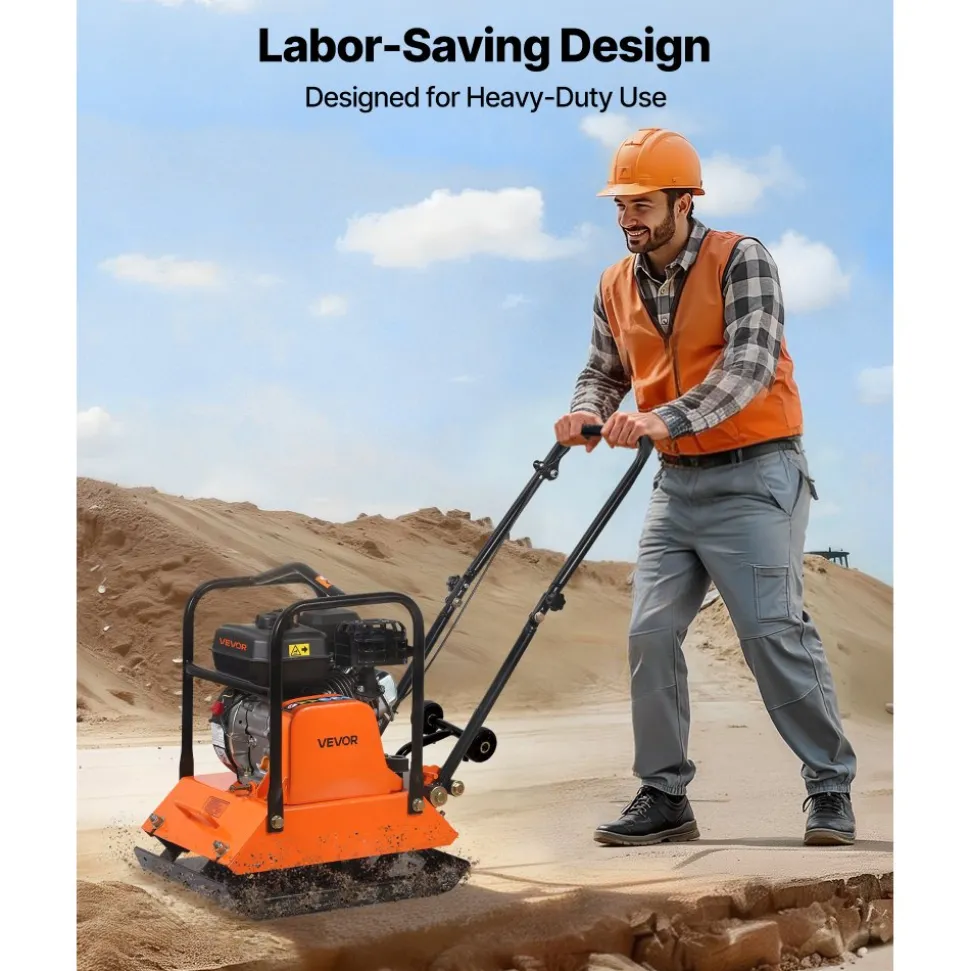 VEVOR Plate Compactor, 6.5 HP 196CC Gas Engine, 5700 VPM Vibrating Ground Rammer, 4047 lbs Compaction Force, 21 x 16 in Plate, Walk Behind Compactor for Paver Landscaping, Asphalt, Foundation, Soil