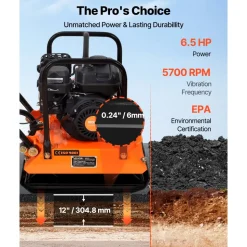 VEVOR Plate Compactor, 6.5 HP 196CC Gas Engine, 5700 VPM Vibrating Ground Rammer, 4047 lbs Compaction Force, 21 x 16 in Plate, Walk Behind Compactor for Paver Landscaping, Asphalt, Foundation, Soil