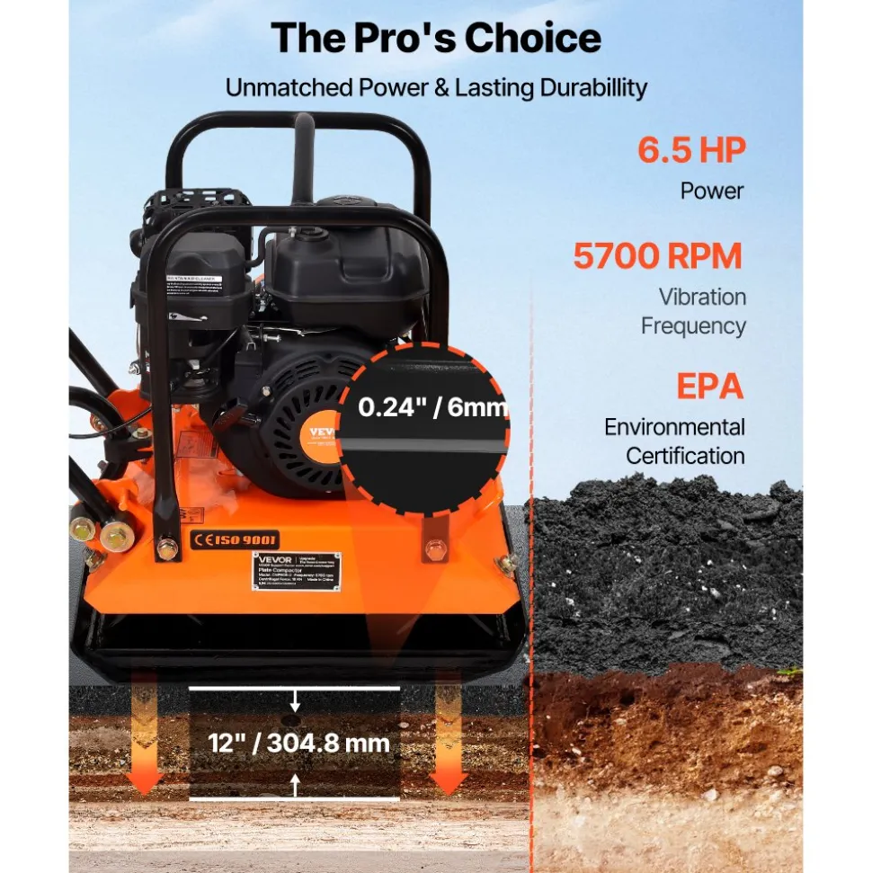 VEVOR Plate Compactor, 6.5 HP 196CC Gas Engine, 5700 VPM Vibrating Ground Rammer, 4047 lbs Compaction Force, 21 x 16 in Plate, Walk Behind Compactor for Paver Landscaping, Asphalt, Foundation, Soil