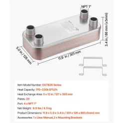 VEVOR Plate Heat Exchanger, 5 x 12 in Brazed Plate Water to Water Heat Exchanger with 20 Plates, Mounting Bracket, Sturdy Stainless Steel Construction, 170-330K BTU for Boiler, Radiant Floor Heating