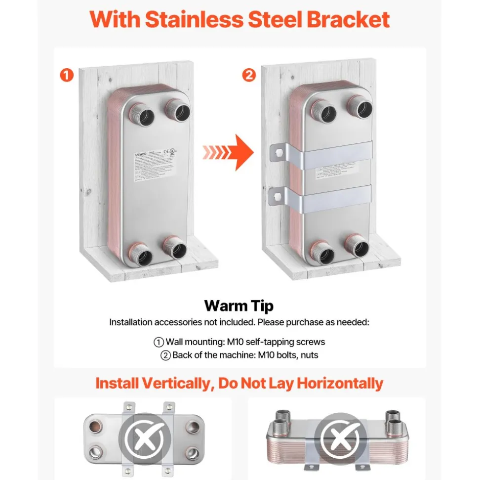 VEVOR Plate Heat Exchanger, 5 x 12 in Brazed Plate Water to Water Heat Exchanger with 20 Plates, Mounting Bracket, Sturdy Stainless Steel Construction, 170-330K BTU for Boiler, Radiant Floor Heating