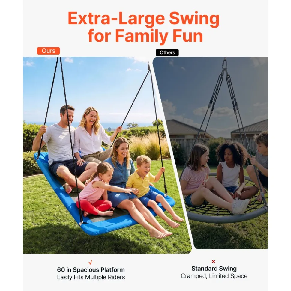 VEVOR Platform Tree Swing for Kids and Adults 700 lbs 60" Rectangle Blue, for Backyard Outdoor & Indoor, 900D Oxford Fabric Giant Seat with 2 Hanging Straps, Adjustable Ropes and Curved Edge Design