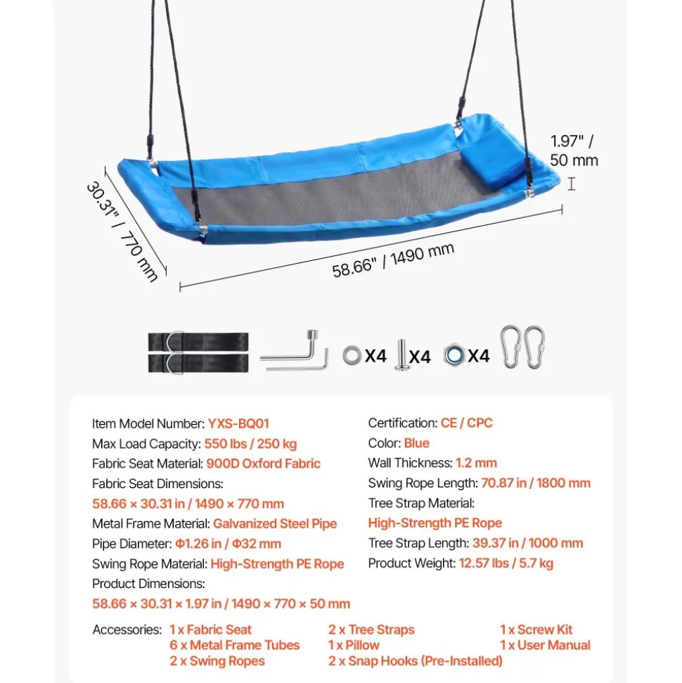 VEVOR Platform Tree Swing for Kids and Adults 700 lbs 60" Rectangle Blue, for Backyard Outdoor & Indoor, 900D Oxford Fabric Giant Seat with 2 Hanging Straps, Adjustable Ropes and Curved Edge Design