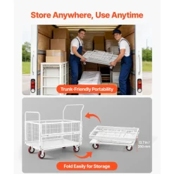 VEVOR Platform Truck Cart with Cage, 2000 lbs Capacity, 6-in-1 Foldable Flatbed Cart with Swivel Wheels, Heavy Duty Hand Truck, Multi-Functional Push Dolly, for Grocery Laundry, 44.5 x 26.6 x 42.1 in