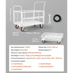 VEVOR Platform Truck Cart with Cage, 2000 lbs Capacity, 6-in-1 Foldable Flatbed Cart with Swivel Wheels, Heavy Duty Hand Truck, Multi-Functional Push Dolly, for Grocery Laundry, 44.5 x 26.6 x 42.1 in