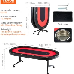 VEVOR 10 Player Foldable Poker Table, Blackjack Texas Holdem Poker Table with Padded Rails and Stainless Steel Cup Holders, Portable Folding Card Board Game Table, 90