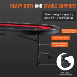 VEVOR 10 Player Foldable Poker Table, Blackjack Texas Holdem Poker Table with Padded Rails and Stainless Steel Cup Holders, Portable Folding Card Board Game Table, 90