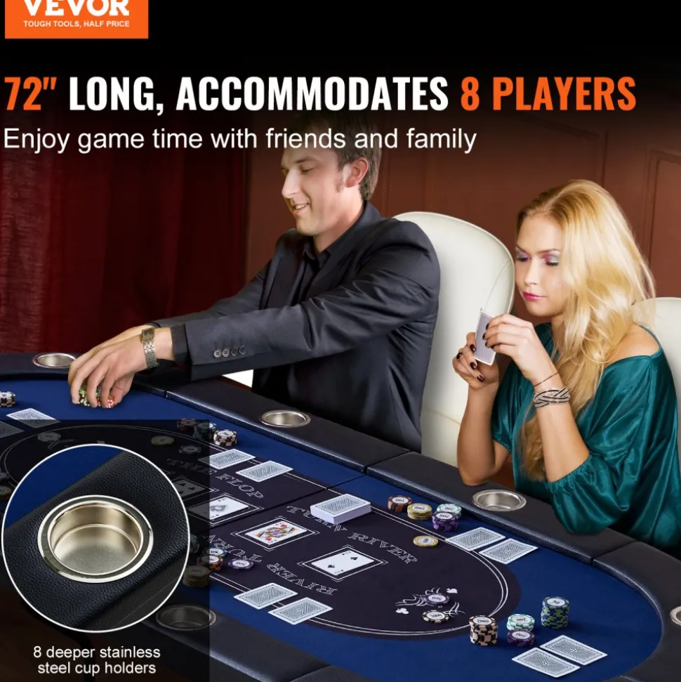 VEVOR 8 Player Foldable Poker Table, Blackjack Texas Holdem Poker Table with Padded Rails and Stainless Steel Cup Holders, Portable Folding Card Board Game Table, 72" Oval Casino Leisure Table, Blue