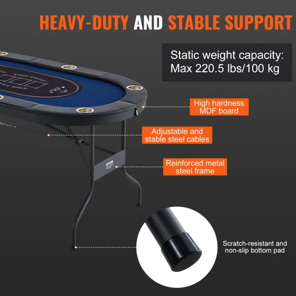 VEVOR 8 Player Foldable Poker Table, Blackjack Texas Holdem Poker Table with Padded Rails and Stainless Steel Cup Holders, Portable Folding Card Board Game Table, 72" Oval Casino Leisure Table, Blue