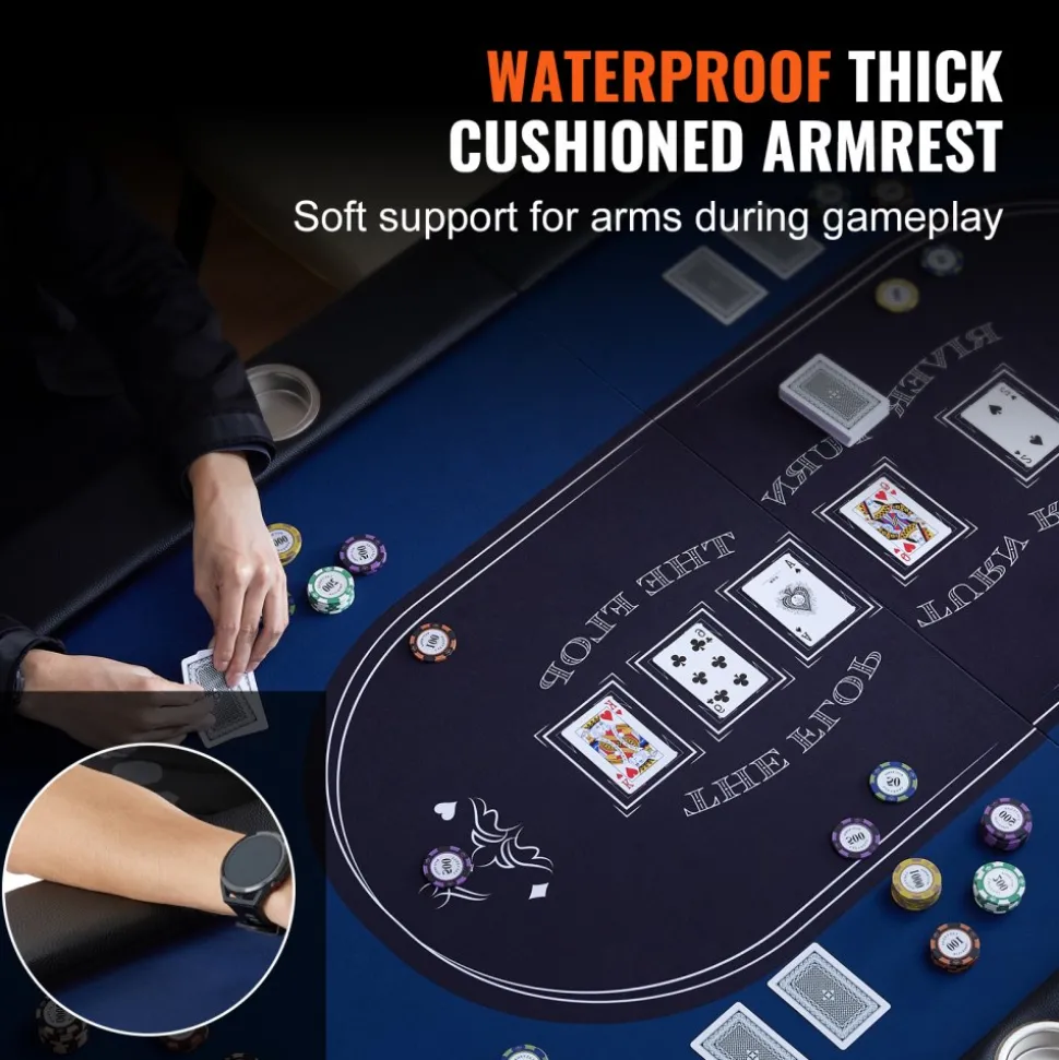 VEVOR 8 Player Foldable Poker Table, Blackjack Texas Holdem Poker Table with Padded Rails and Stainless Steel Cup Holders, Portable Folding Card Board Game Table, 72" Oval Casino Leisure Table, Blue