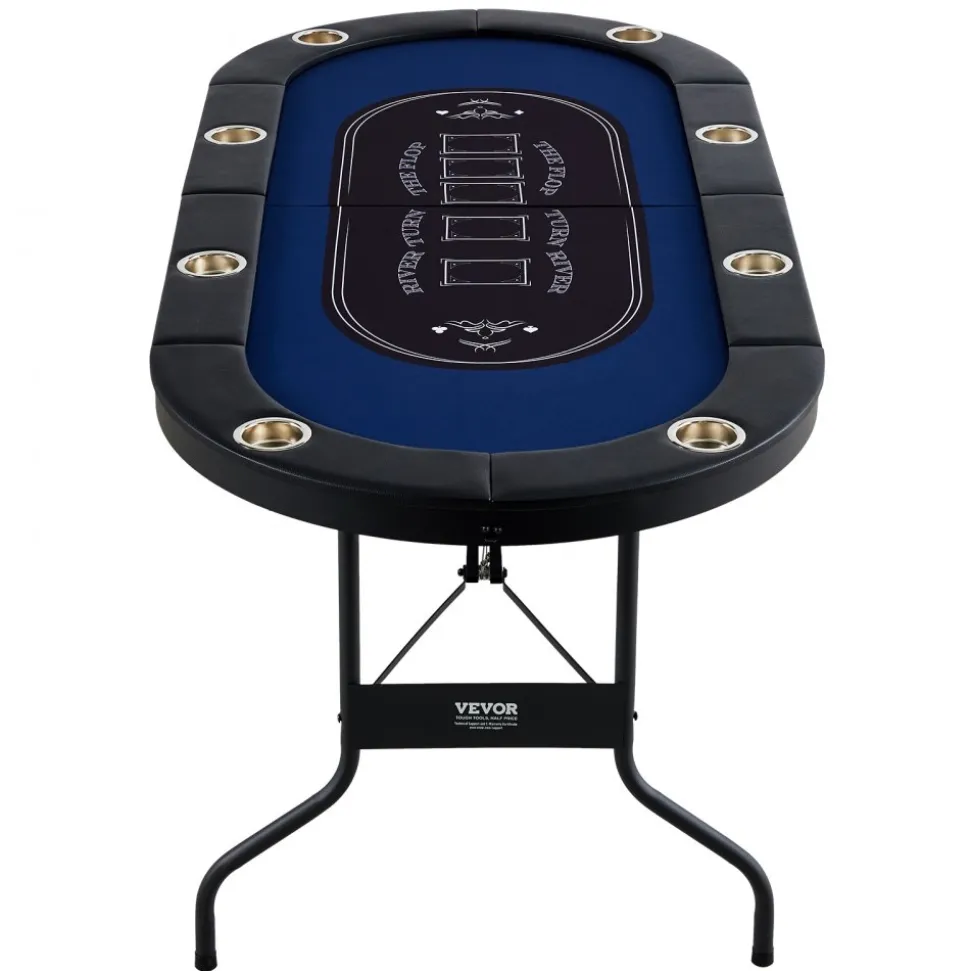 VEVOR 8 Player Foldable Poker Table, Blackjack Texas Holdem Poker Table with Padded Rails and Stainless Steel Cup Holders, Portable Folding Card Board Game Table, 72" Oval Casino Leisure Table, Blue