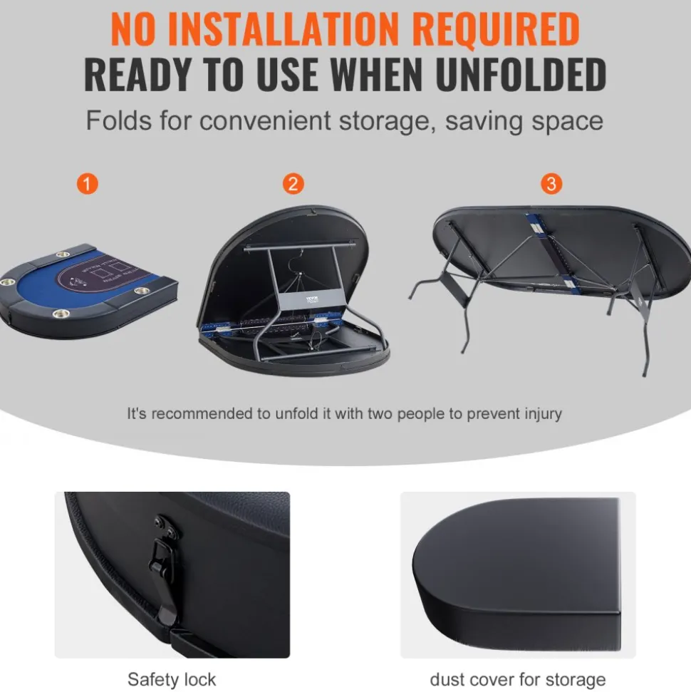 VEVOR 8 Player Foldable Poker Table, Blackjack Texas Holdem Poker Table with Padded Rails and Stainless Steel Cup Holders, Portable Folding Card Board Game Table, 72" Oval Casino Leisure Table, Blue