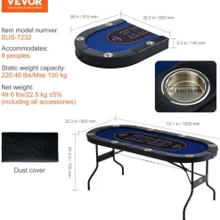 VEVOR 8 Player Foldable Poker Table, Blackjack Texas Holdem Poker Table with Padded Rails and Stainless Steel Cup Holders, Portable Folding Card Board Game Table, 72