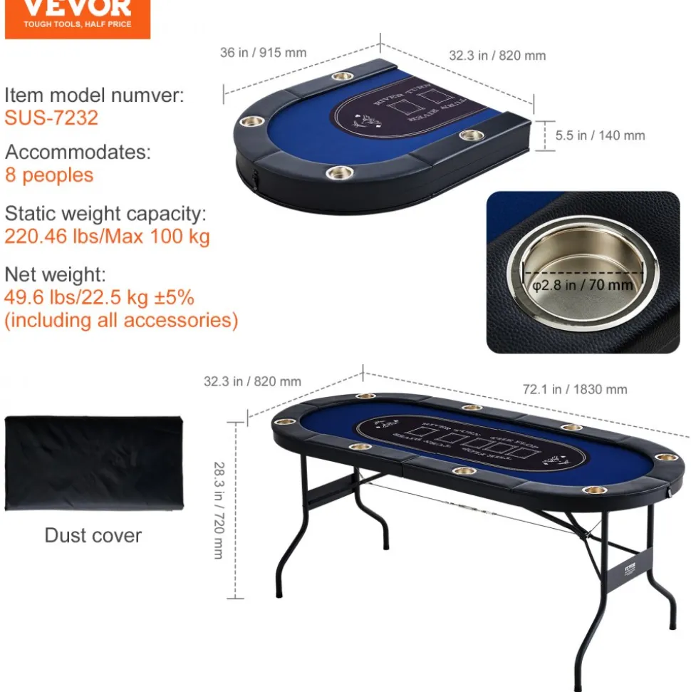 VEVOR 8 Player Foldable Poker Table, Blackjack Texas Holdem Poker Table with Padded Rails and Stainless Steel Cup Holders, Portable Folding Card Board Game Table, 72" Oval Casino Leisure Table, Blue