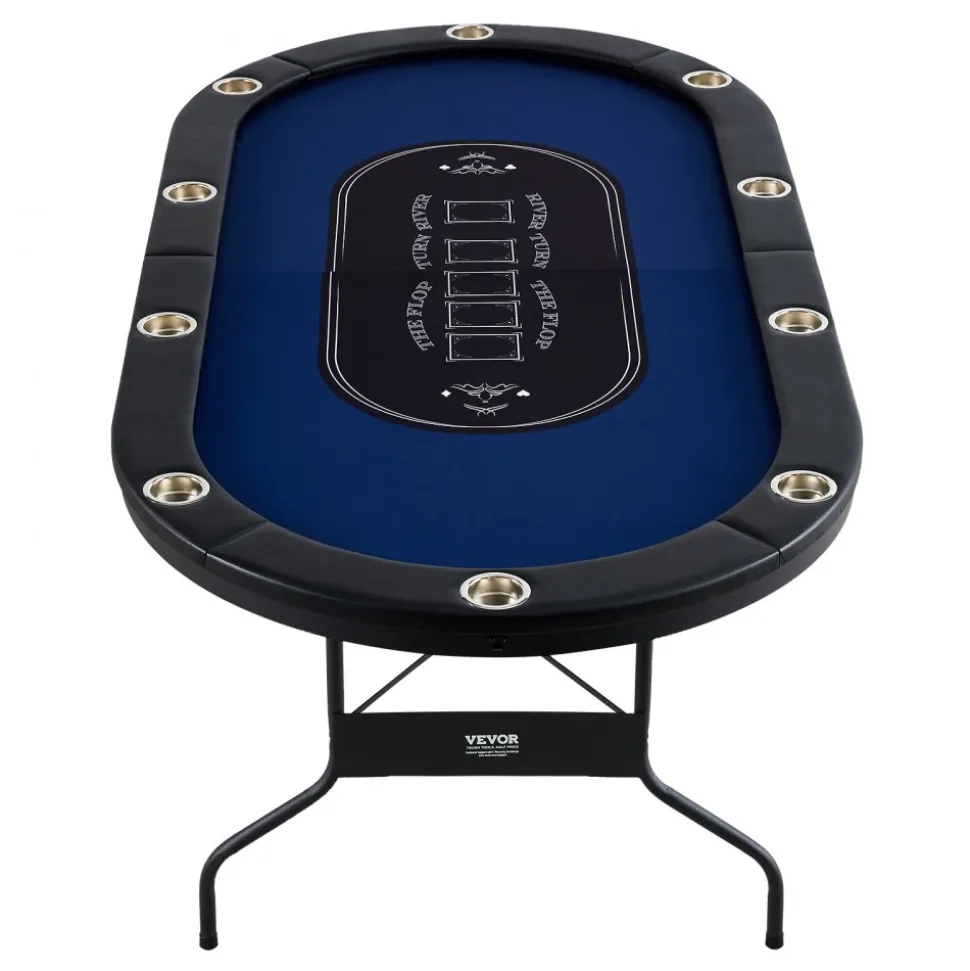 VEVOR 10 Player Foldable Poker Table, Blackjack Texas Holdem Poker Table with Padded Rails and Stainless Steel Cup Holders, Portable Folding Card Board Game Table, 84" Oval Casino Leisure Table
