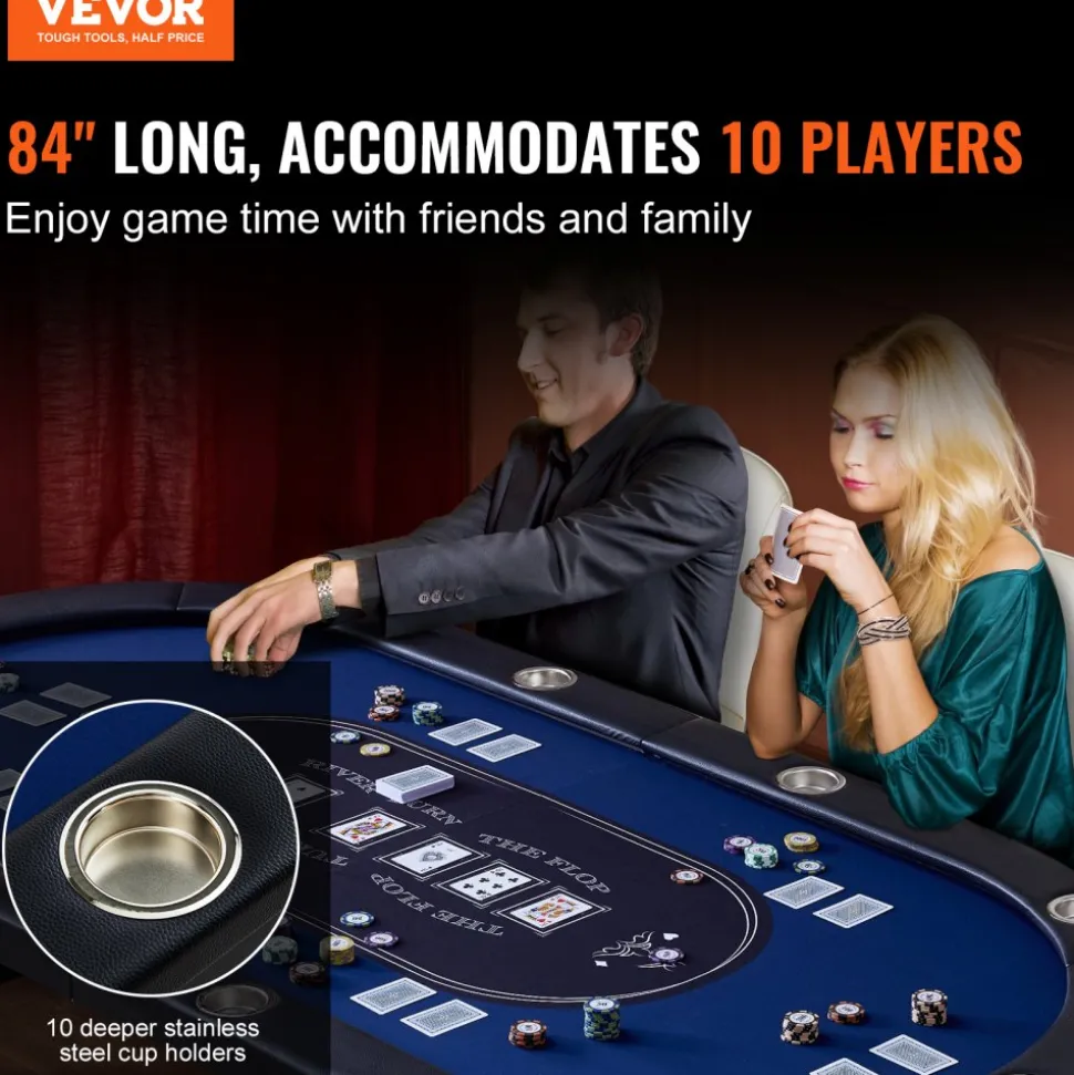 VEVOR 10 Player Foldable Poker Table, Blackjack Texas Holdem Poker Table with Padded Rails and Stainless Steel Cup Holders, Portable Folding Card Board Game Table, 84" Oval Casino Leisure Table