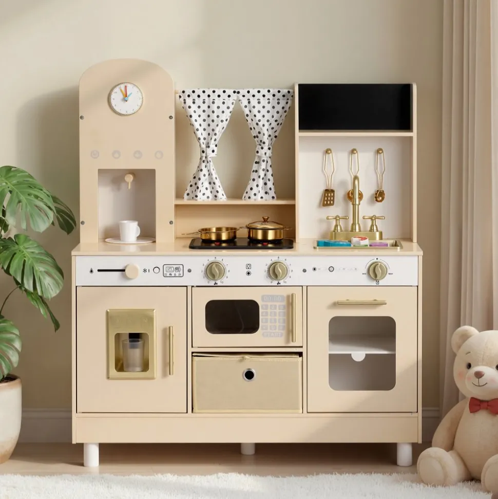 VEVOR Play Kitchen for Kids, Wooden, Kids Kitchen Playset with Realistic Lights & Sounds, Food & Cookware, Modern Style Pretend Play Toy Set, Ice Maker, Microwave, for Toddlers, Girls & Boys Ages 3-8