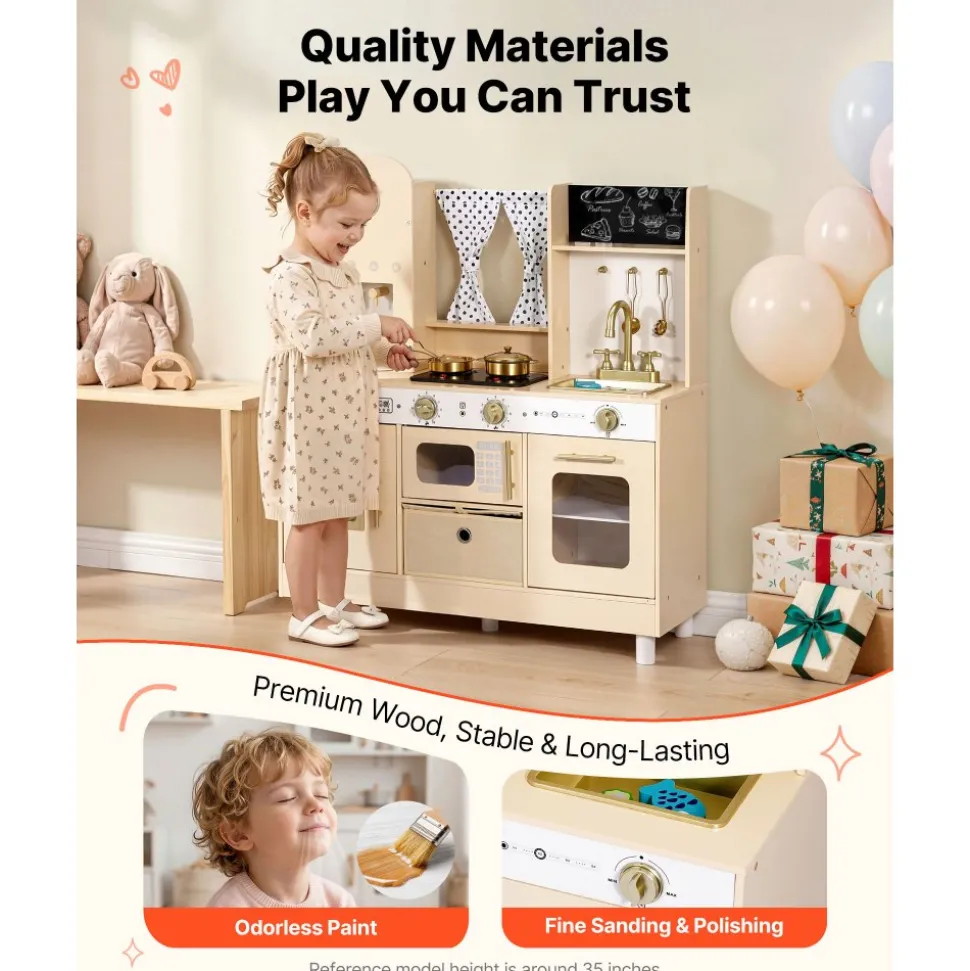 VEVOR Play Kitchen for Kids, Wooden, Kids Kitchen Playset with Realistic Lights & Sounds, Food & Cookware, Modern Style Pretend Play Toy Set, Ice Maker, Microwave, for Toddlers, Girls & Boys Ages 3-8