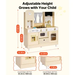 VEVOR Play Kitchen for Kids, Wooden, Kids Kitchen Playset with Realistic Lights & Sounds, Food & Cookware, Modern Style Pretend Play Toy Set, Ice Maker, Microwave, for Toddlers, Girls & Boys Ages 3-8