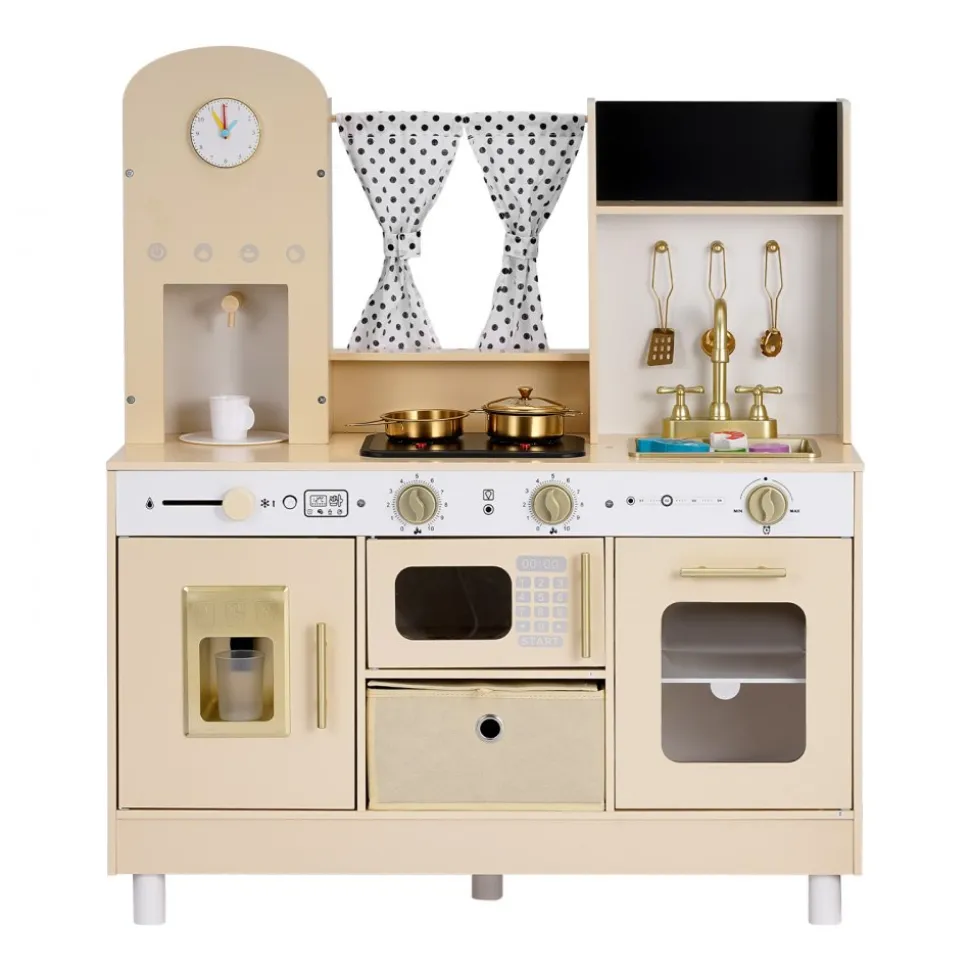 VEVOR Play Kitchen for Kids, Wooden, Kids Kitchen Playset with Realistic Lights & Sounds, Food & Cookware, Modern Style Pretend Play Toy Set, Ice Maker, Microwave, for Toddlers, Girls & Boys Ages 3-8