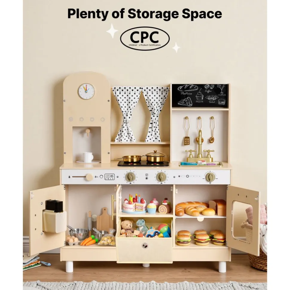 VEVOR Play Kitchen for Kids, Wooden, Kids Kitchen Playset with Realistic Lights & Sounds, Food & Cookware, Modern Style Pretend Play Toy Set, Ice Maker, Microwave, for Toddlers, Girls & Boys Ages 3-8