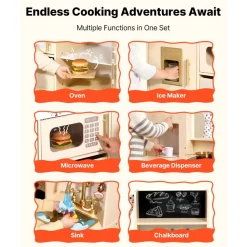 VEVOR Play Kitchen for Kids, Wooden, Kids Kitchen Playset with Realistic Lights & Sounds, Food & Cookware, Modern Style Pretend Play Toy Set, Ice Maker, Microwave, for Toddlers, Girls & Boys Ages 3-8