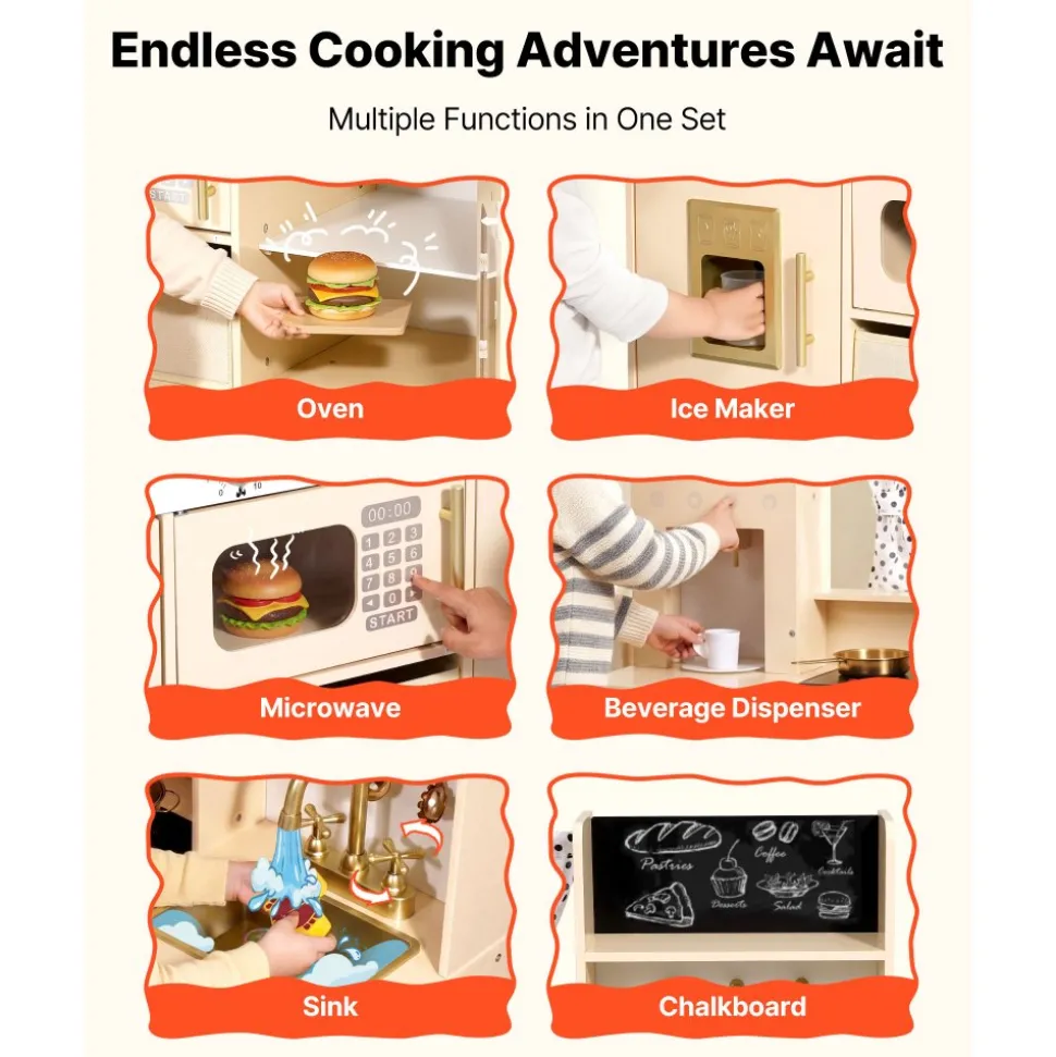 VEVOR Play Kitchen for Kids, Wooden, Kids Kitchen Playset with Realistic Lights & Sounds, Food & Cookware, Modern Style Pretend Play Toy Set, Ice Maker, Microwave, for Toddlers, Girls & Boys Ages 3-8