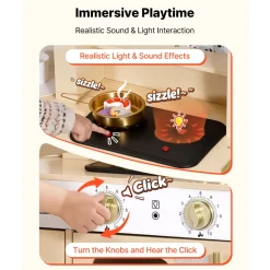 VEVOR Play Kitchen for Kids, Wooden, Kids Kitchen Playset with Realistic Lights & Sounds, Food & Cookware, Modern Style Pretend Play Toy Set, Ice Maker, Microwave, for Toddlers, Girls & Boys Ages 3-8