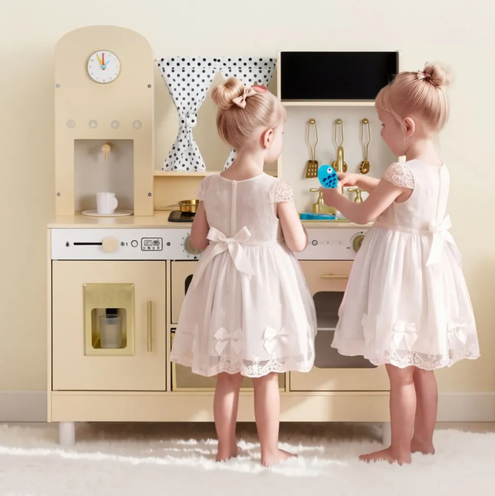 VEVOR Play Kitchen for Kids, Wooden, Kids Kitchen Playset with Realistic Lights & Sounds, Food & Cookware, Modern Style Pretend Play Toy Set, Ice Maker, Microwave, for Toddlers, Girls & Boys Ages 3-8