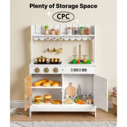 VEVOR Play Kitchen for Kids, Wooden, Kids Kitchen Playset with Real Lights & Sounds, Food & Cookware Accessories, Pretend Play Toy Set, Sink, Oven, Stove, Cabinet, for Toddlers, Girls & Boys Ages 3-8