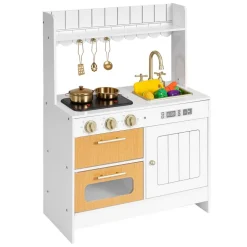 VEVOR Play Kitchen for Kids, Wooden, Kids Kitchen Playset with Real Lights & Sounds, Food & Cookware Accessories, Pretend Play Toy Set, Sink, Oven, Stove, Cabinet, for Toddlers, Girls & Boys Ages 3-8