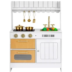 VEVOR Play Kitchen for Kids, Wooden, Kids Kitchen Playset with Real Lights & Sounds, Food & Cookware Accessories, Pretend Play Toy Set, Sink, Oven, Stove, Cabinet, for Toddlers, Girls & Boys Ages 3-8