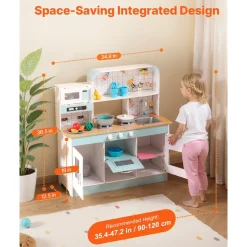 VEVOR Play Kitchen for Kids, Wooden Toy Kitchen Set with Lights and Sounds, Toddler Kitchen with Ice Maker, Oven, Sink, Microwaves, Fridge and Utensil and Fruit Accessory for Toddlers ages 3-8, White