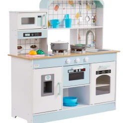 VEVOR Play Kitchen for Kids, Wooden Toy Kitchen Set with Lights and Sounds, Toddler Kitchen with Ice Maker, Oven, Sink, Microwaves, Fridge and Utensil and Fruit Accessory for Toddlers ages 3-8, White