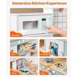 VEVOR Play Kitchen for Kids, Wooden Toy Kitchen Set with Lights and Sounds, Toddler Kitchen with Ice Maker, Oven, Sink, Microwaves, Fridge and Utensil and Fruit Accessory for Toddlers ages 3-8, White