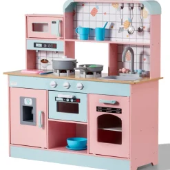 VEVOR Play Kitchen for Kids, Wooden Toy Kitchen Set with Lights and Sounds, Toddler Kitchen with Ice Maker, Oven, Sink, Microwaves, Fridge and Utensil and Fruit Accessory for Toddlers ages 3-8,Pink