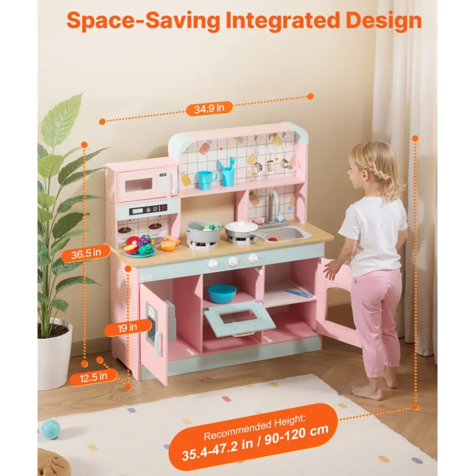 VEVOR Play Kitchen for Kids, Wooden Toy Kitchen Set with Lights and Sounds, Toddler Kitchen with Ice Maker, Oven, Sink, Microwaves, Fridge and Utensil and Fruit Accessory for Toddlers ages 3-8,Pink
