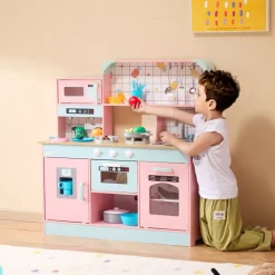 VEVOR Play Kitchen for Kids, Wooden Toy Kitchen Set with Lights and Sounds, Toddler Kitchen with Ice Maker, Oven, Sink, Microwaves, Fridge and Utensil and Fruit Accessory for Toddlers ages 3-8,Pink