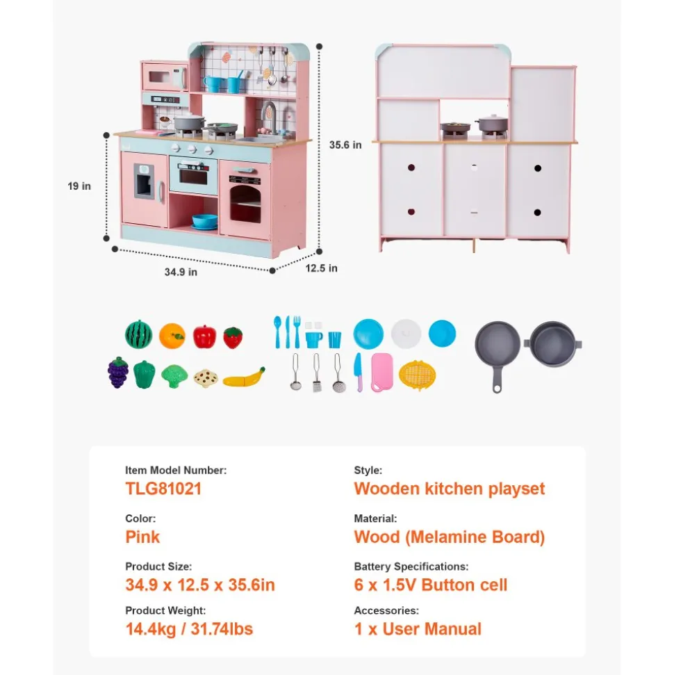 VEVOR Play Kitchen for Kids, Wooden Toy Kitchen Set with Lights and Sounds, Toddler Kitchen with Ice Maker, Oven, Sink, Microwaves, Fridge and Utensil and Fruit Accessory for Toddlers ages 3-8,Pink